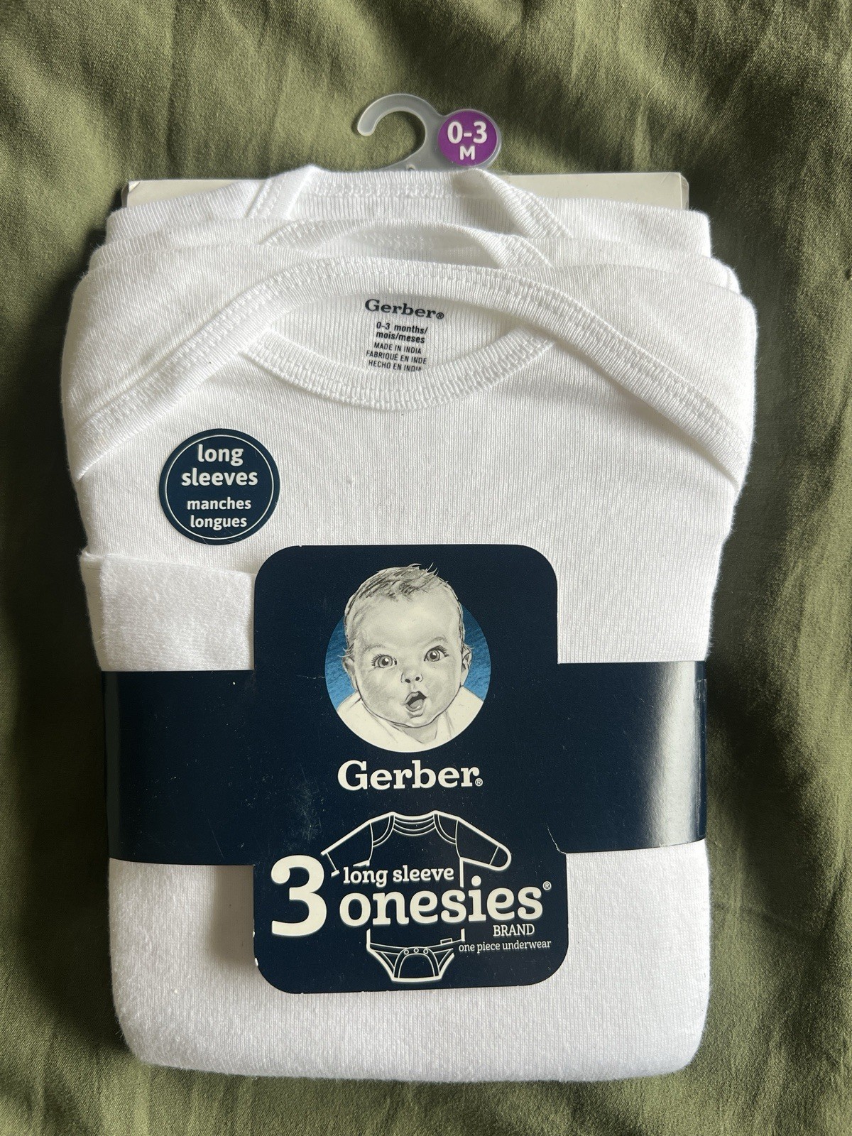 Gerber 3-Pack Long Sleeve White Cotton Rib Knit Onesie Bodysuits 0-3M