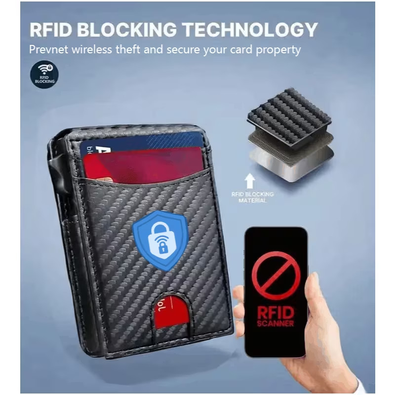 RFID Blocking Carbon Fiber Wallet, Pop Up Card Holder Slim Bifold, Money Clip