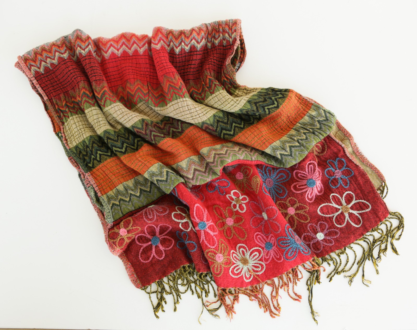 Y2K DIMRI Floral Striped Summer Scarf Wrap Soft Rayon Rectangle Red Multicolor