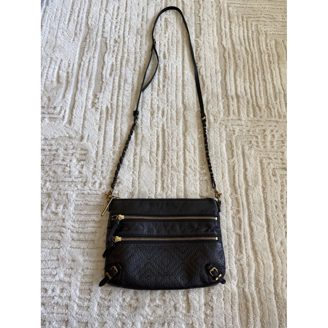Elliott Lucca Black Leather Crossbody Bag Woven Texture Gold Hardware Multi Zip