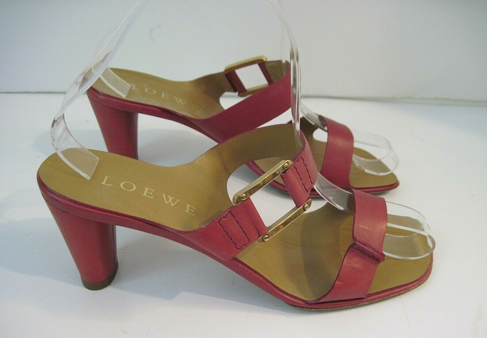 LOEWE Dark Raspberry Leather Gold Tone Accent Double Strap Heeled Sandals Sz 37