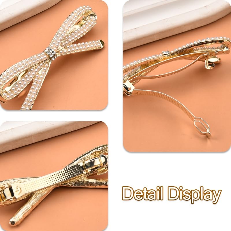 French Bow Crystal Rhinestone Pearl Hair Clips Barrette Gold Bridal Wedding