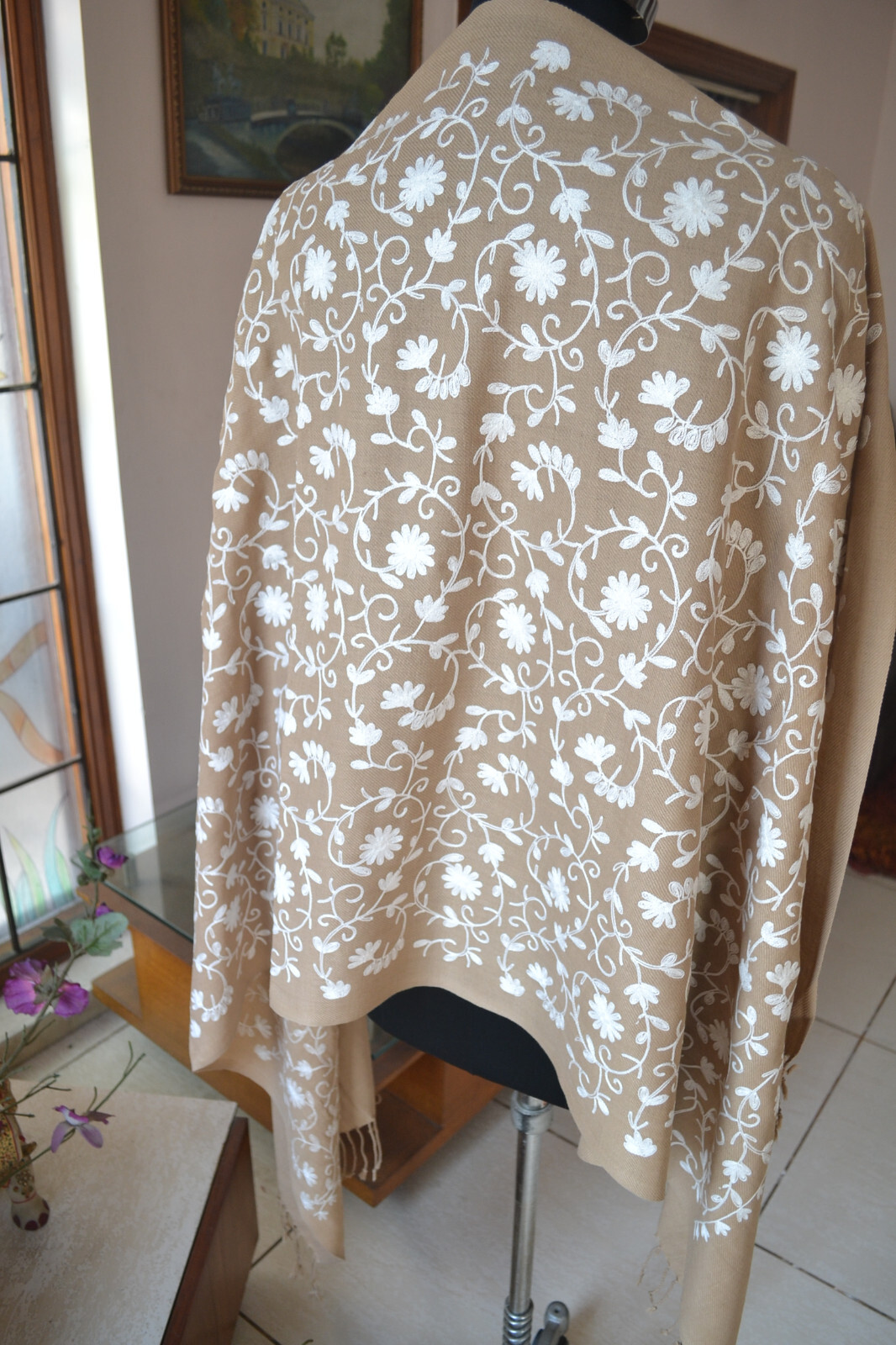 KASHMIRI PASHMINA ~FLORAL CREWEL ALL EMBROIDERY STOLE~CASHMERE :3 COLOR CHOICE