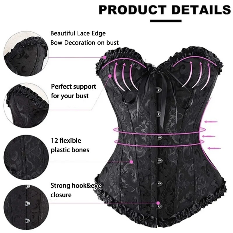 Women Lace Up Sexy Bustier Corset Overbust Burlesque Tops Lingerie Waist Cincher