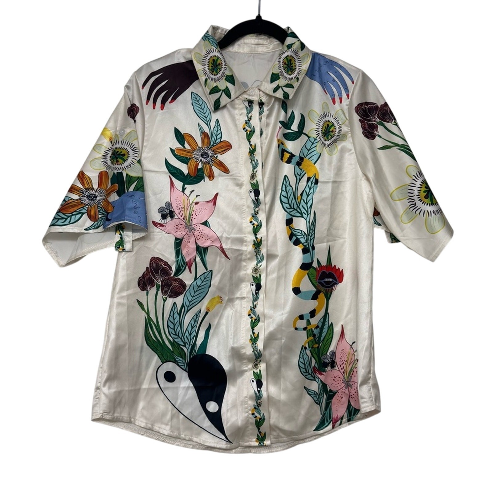 Womens Art Shirt Surreal Print Button-Up Cheetah Rider Snake Yin Yang Size Small