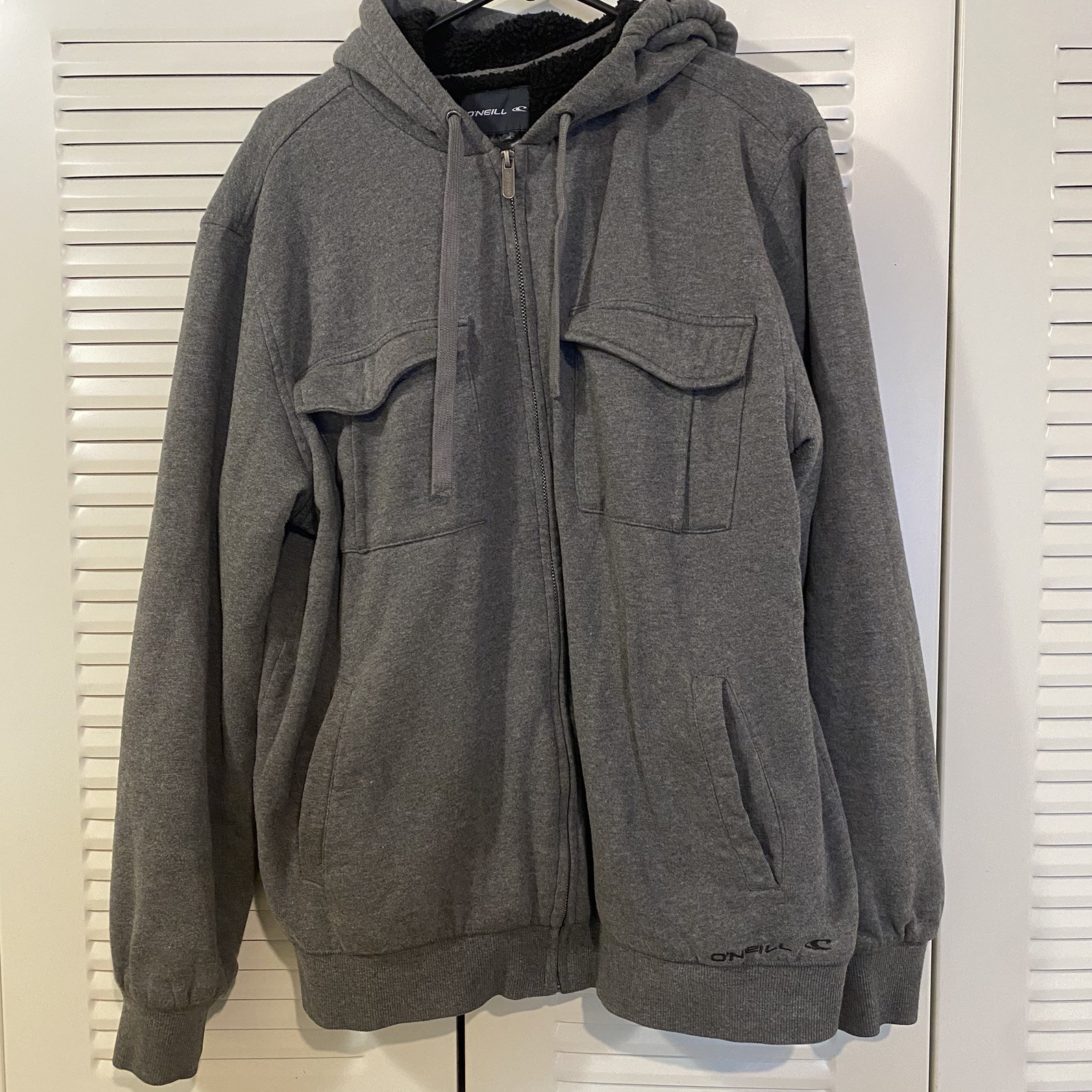 O’Neill Men Hooded Hoodie Jacket M Gray Zip Up Y2K With Fleece Sherpa Lining *