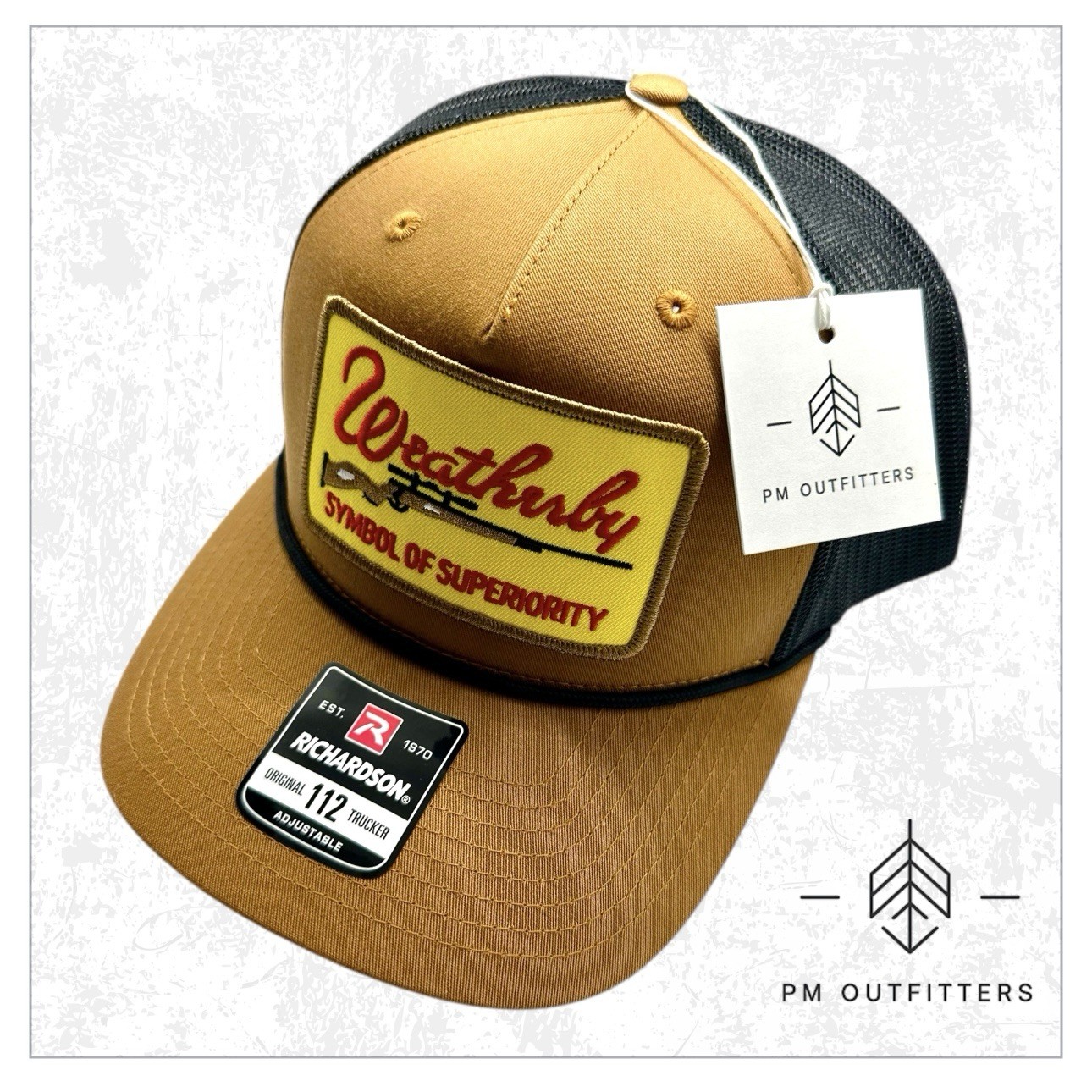 Retro Weatherby Firearms Embroidered Patch on Richardson 112 Rope Trucker Hat