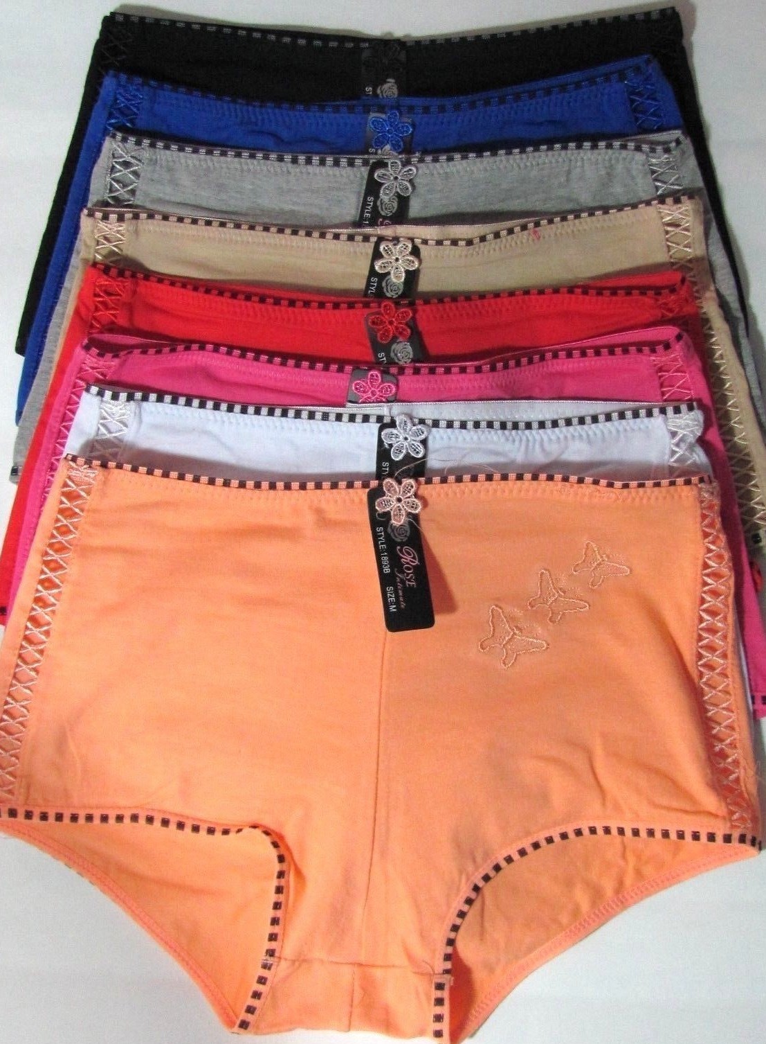 B7 ROSE Pink Blue Black Cotton Embroidered boy shorts sissy bikini panties M L