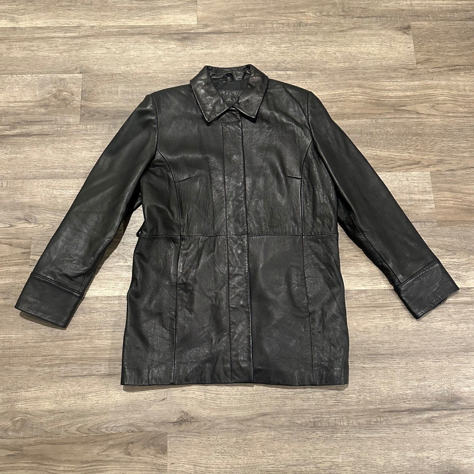 Kathy Ireland Black Genuine Leather Jacket Women M Vintage 90s Button Front