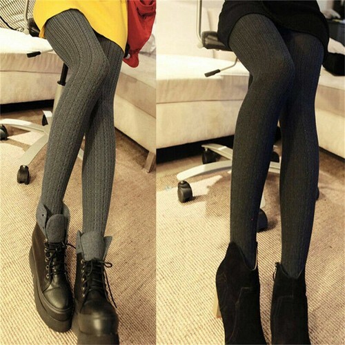 Women Woolen Yarn Knitted Footed Tights Pantyhose Winter Warm Stretch Stockings