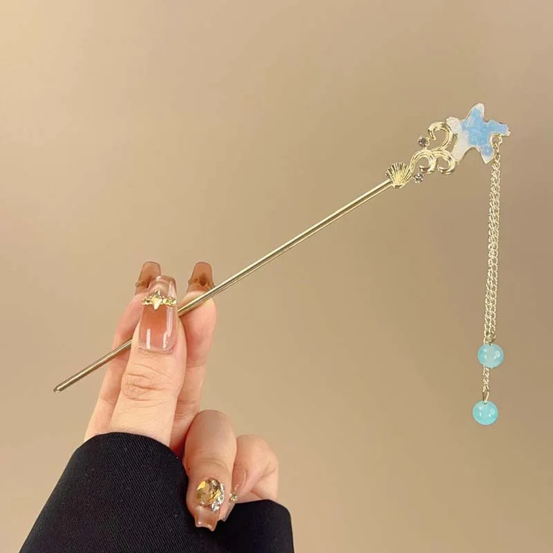 Exquisite Blue Crystal Star Moon Hair Stick for Women Girls Chinese Style Fl
