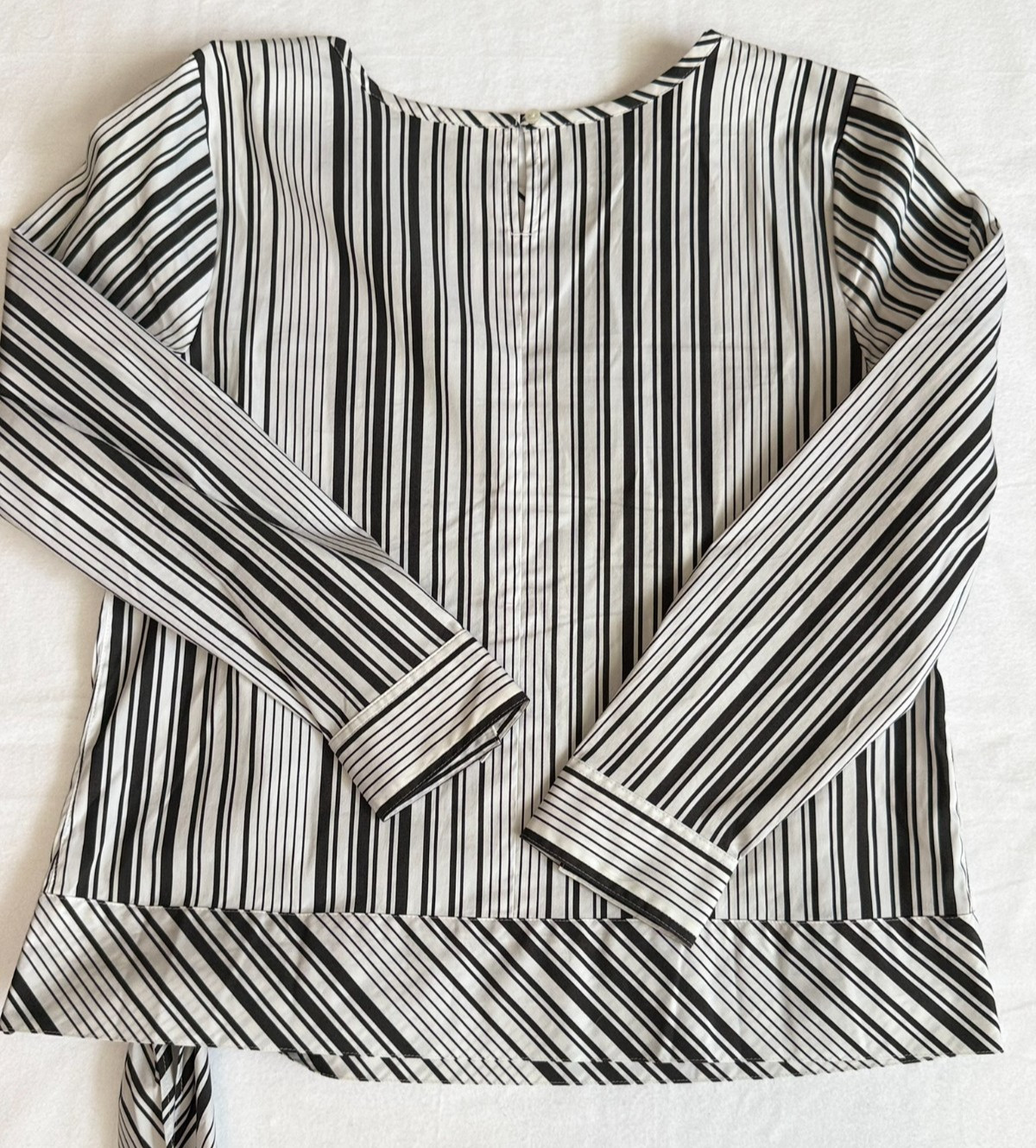 Talbots Petites SP Black White Stripe Tie Waist Long Sleeve Blouse Cotton