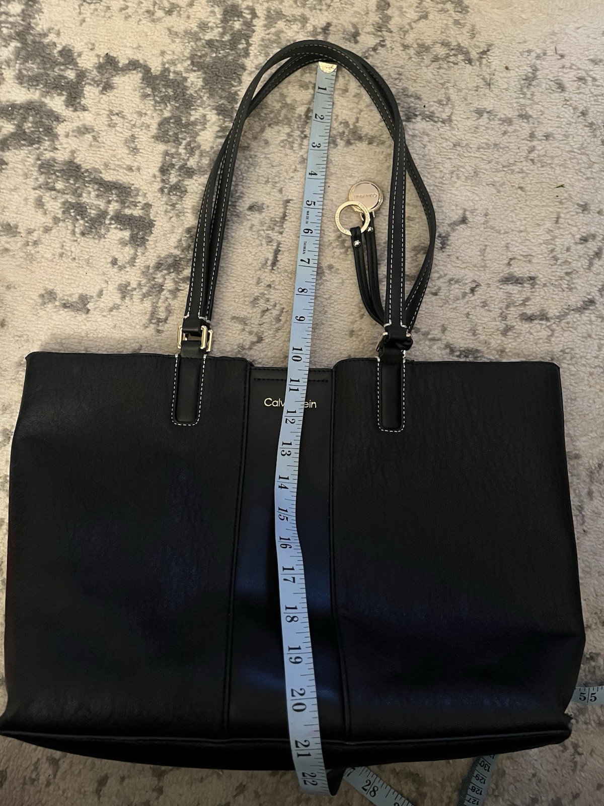 Calvin Klein Black Large Pebbled Logo Tote Gold Hardware Zip Lined Bag Charm