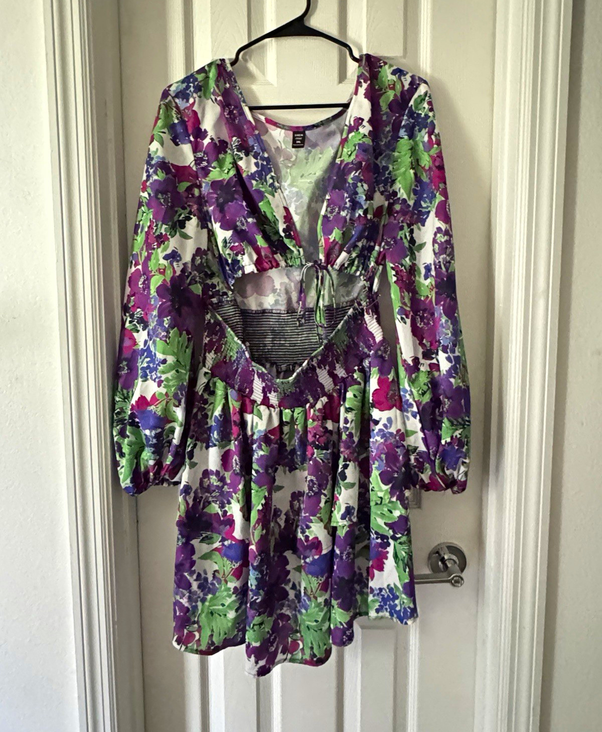 SHEIN CURVE Women’s 2XL Purple Green White Floral V-Neck Smocked Short Dress