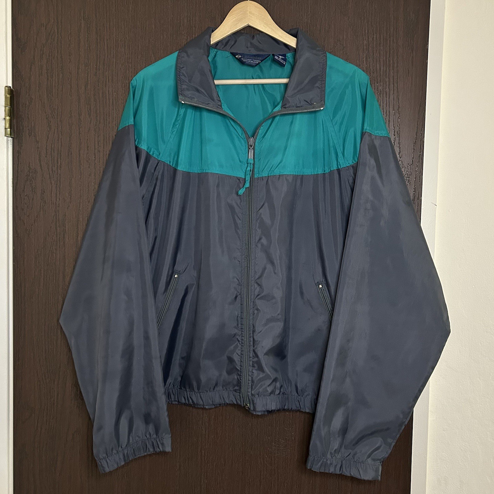 Vintage 80s Columbia Color Block Windbreaker Jacket Mens Medium Nylon Teal Grey