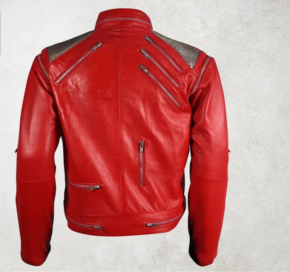 BEAT IT Michael Jackson THRILLER RED Sheep Leather Jacket Detachable Sleeves