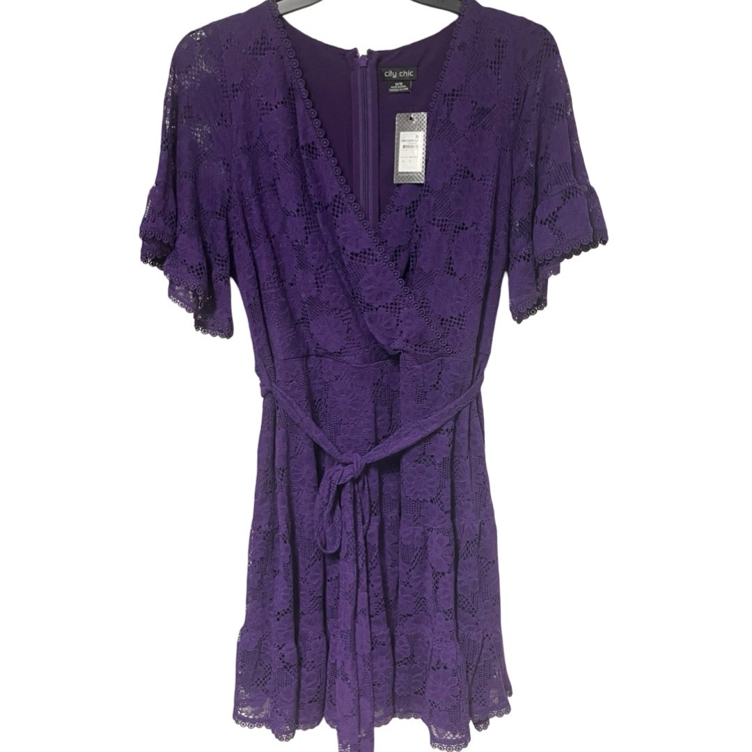 NWT City Chic Garden Kisses Lace Dress Petunia Purple Knee Length Size 18