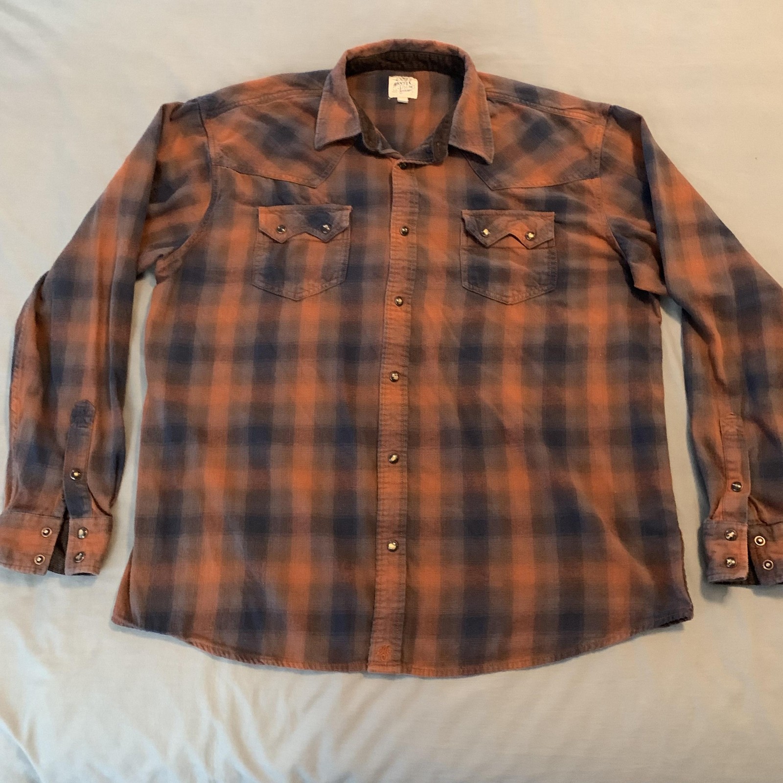 Moon Shine Spirit Brad Paisley Shirt Mens XL Orange Blue Plaid Western Snap