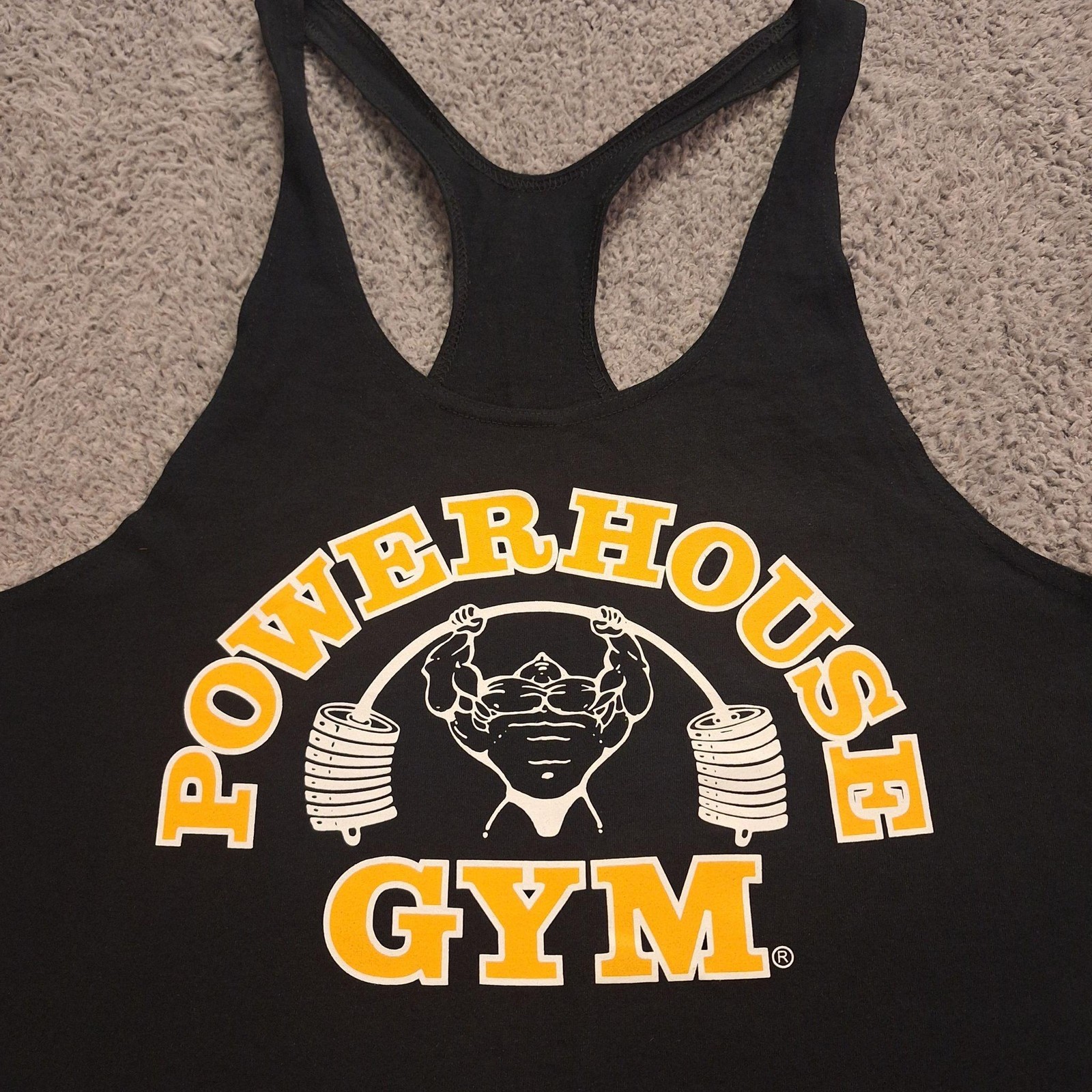 Powerhouse Gym Tank Top Mens Large Black Logo Stringer Racerback Workout