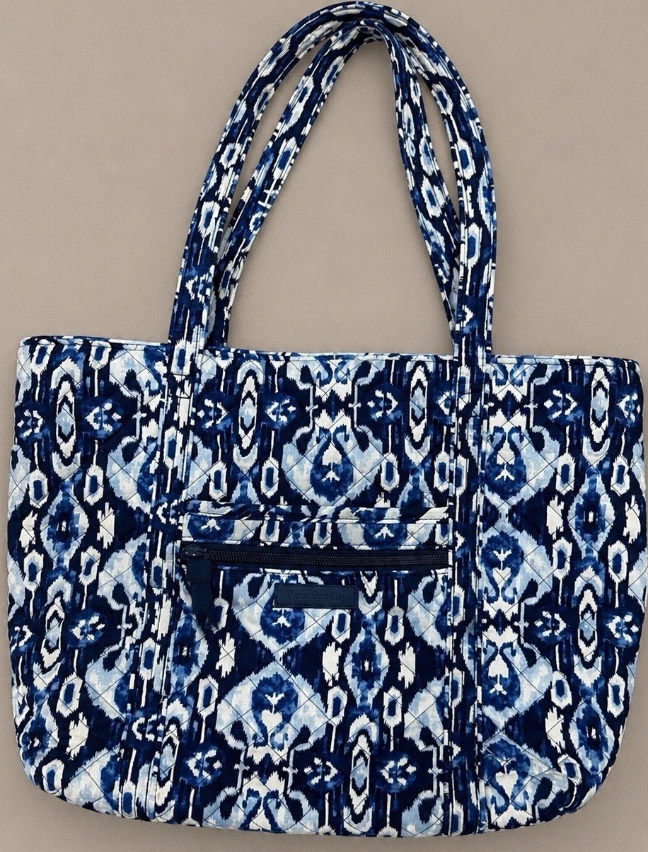 Vera Bradley White Blue Bandana cotton quilted tote, ikat, retired mid-2010s