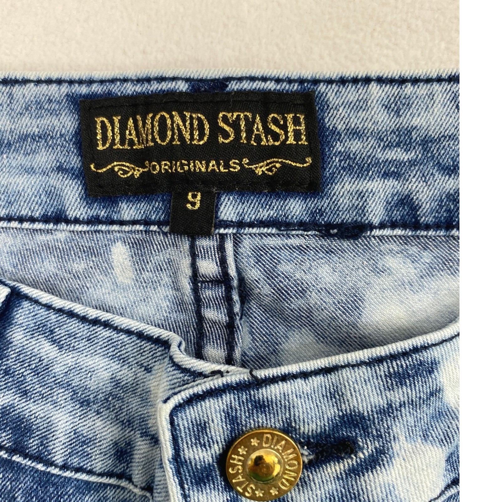 Diamond Stash Moto Skinny Jeans Womens 9 Acid Wash Bleach Blue Punk Edgy Grunge