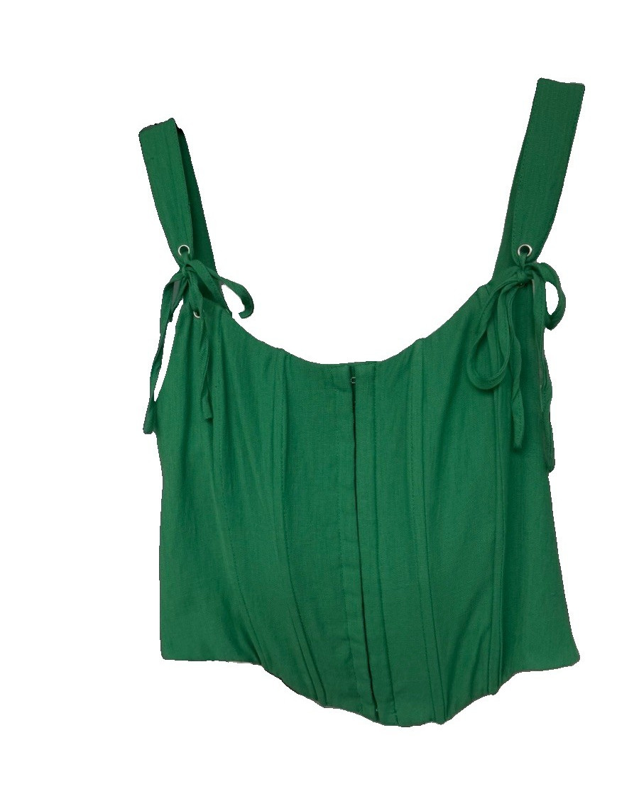 Altar’d State Green Corset Crop Top Women’s Large Tie Shoulder Smocked Back Hook