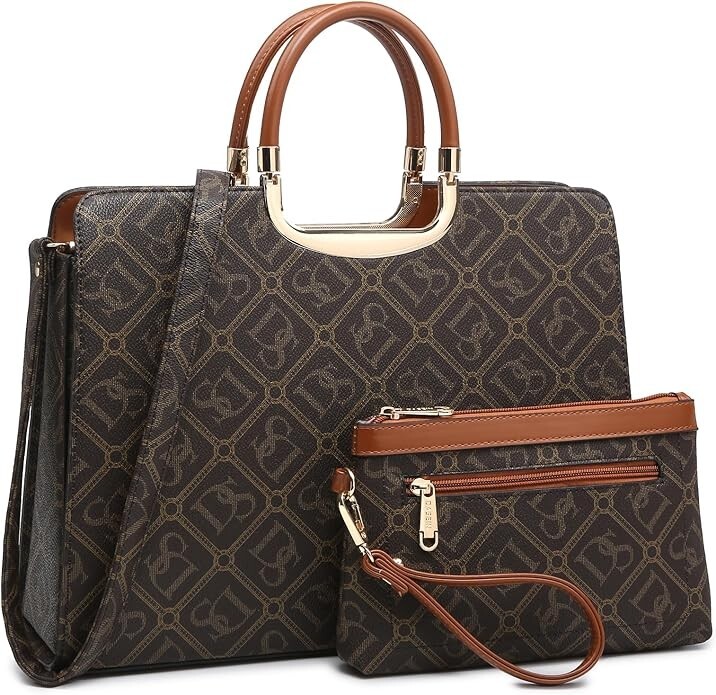 Handbags women, Brown w/ gold accents, 14.5″W x 11″H x 4″D, handle drop4.7″