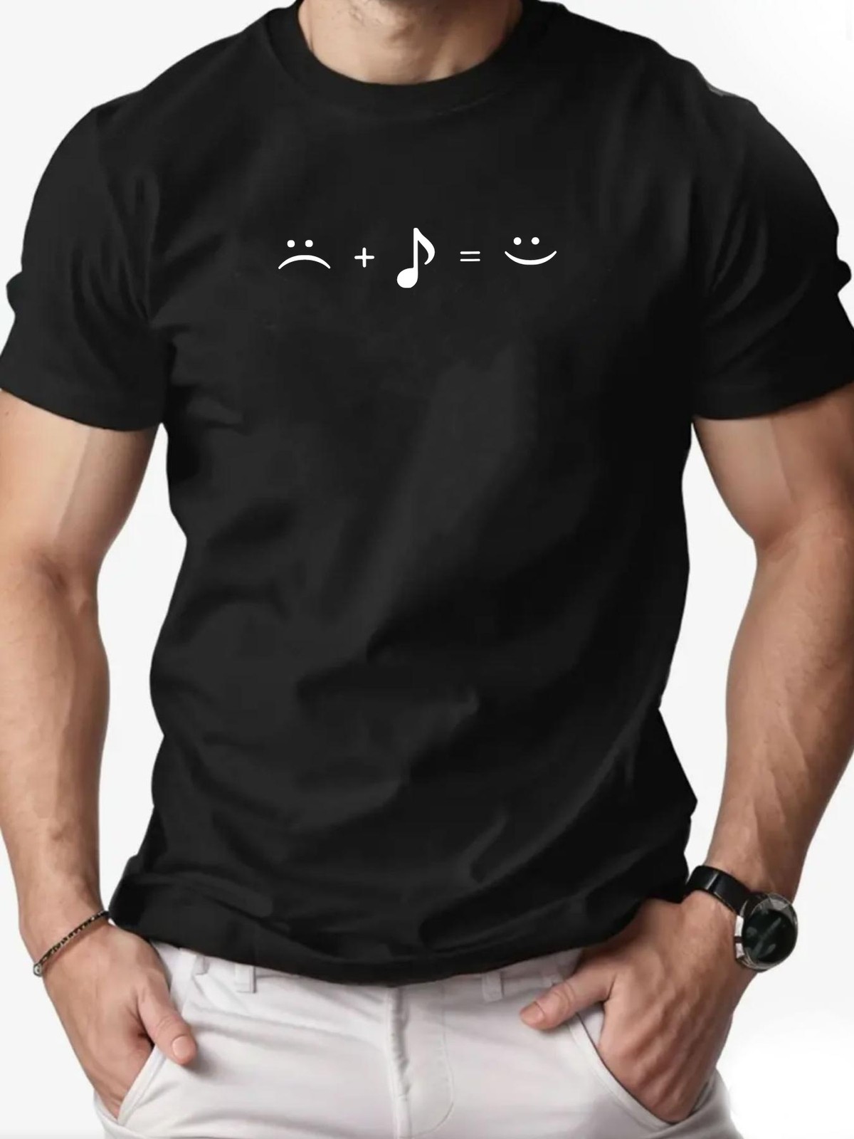 Teenager’S Music-Themed T-Shirt – Features a Frowning And Smiling Face with “+
