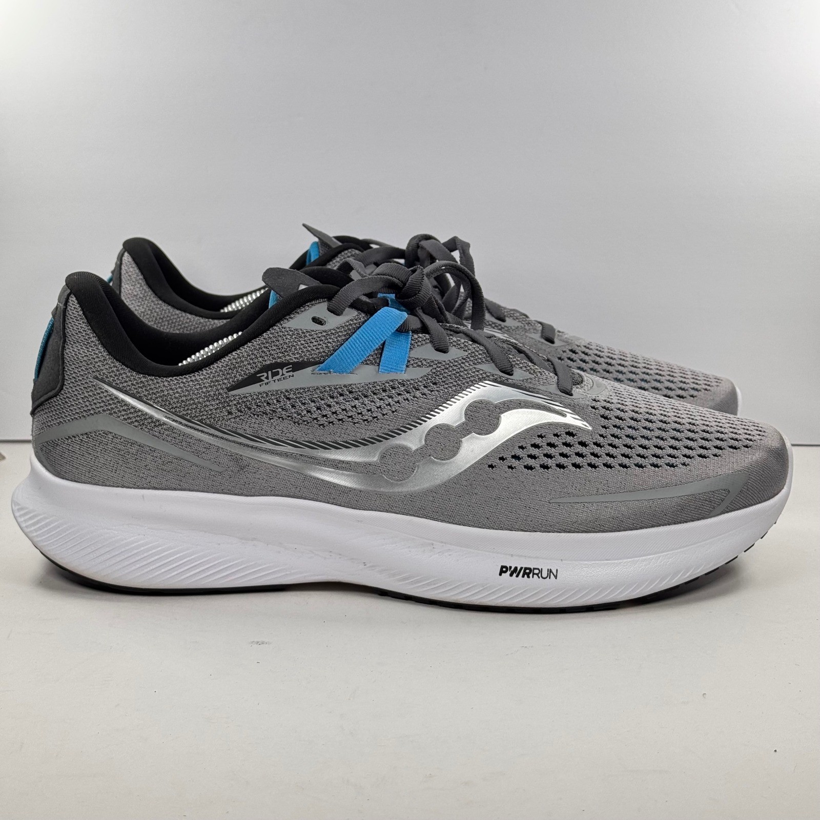 Saucony Ride 15 Mens 12 W Wide Grey Blue Running Shoes S20730-15 PWRRUN Sneaker