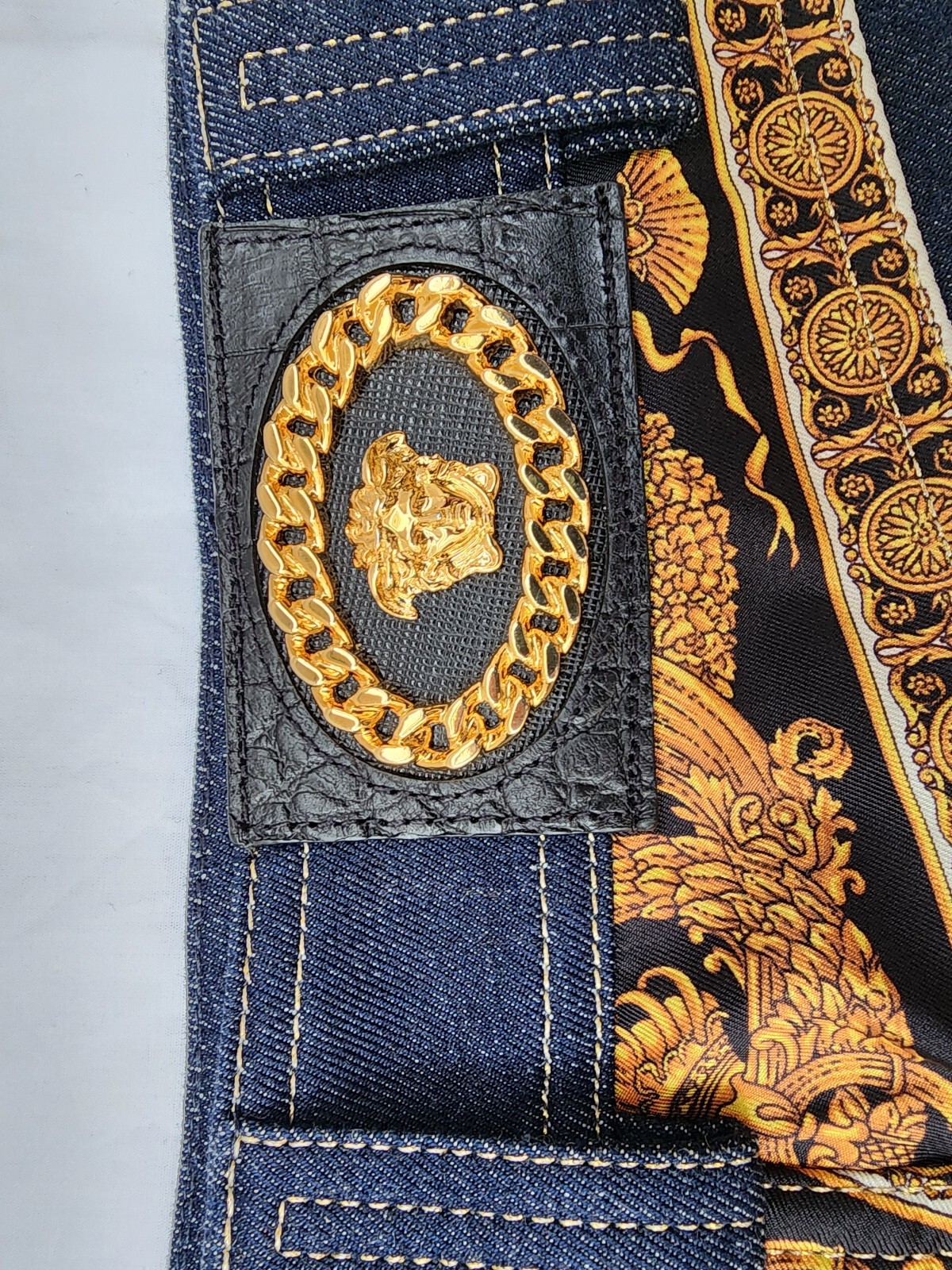 $2995 Designer VERSACE Women’s Indigo Gold Stitching Medusa Long Denim Skirt 40