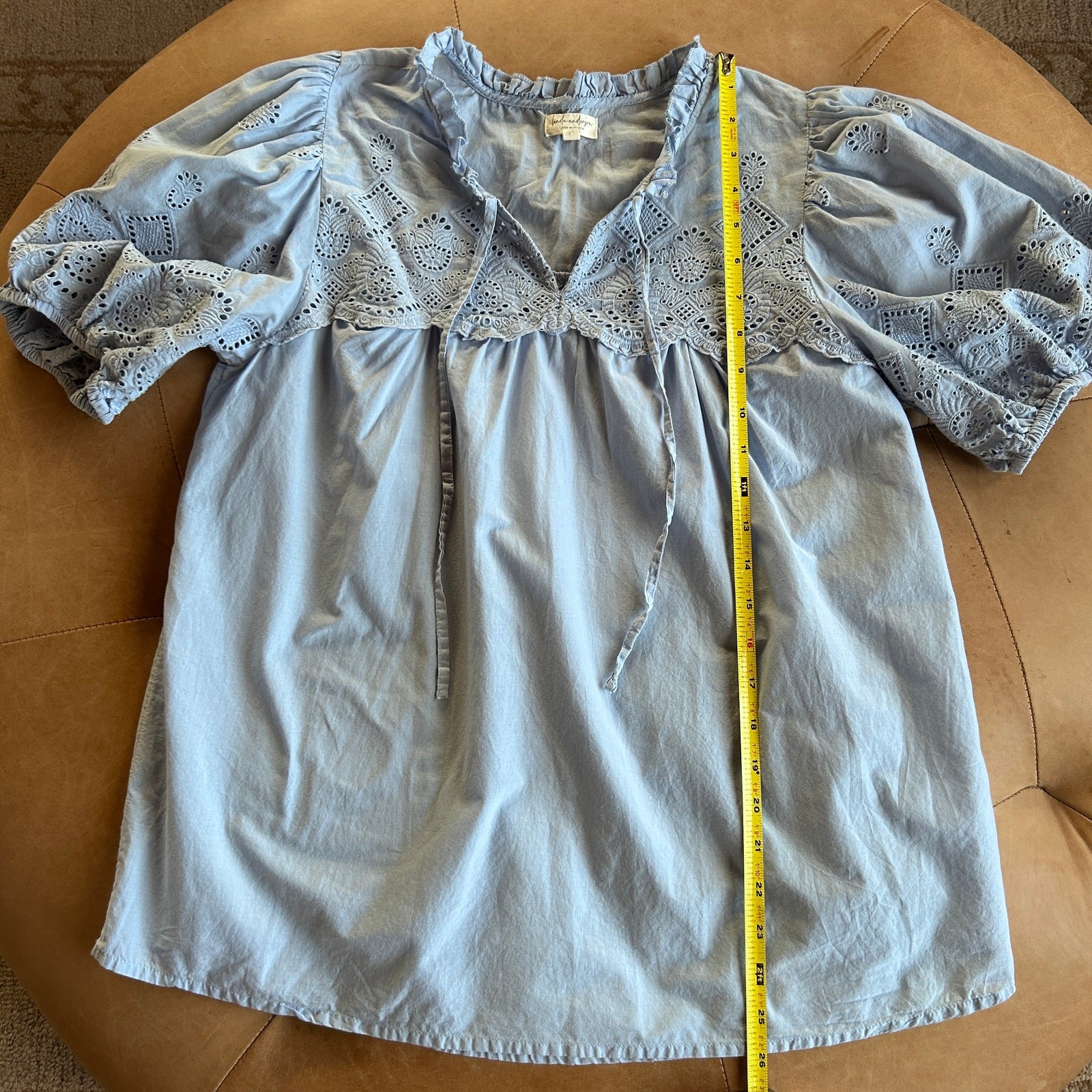 Cotton Eyelet Prairie Peasant Top Puff Sleeve Blue Romantic Cottagecore Blouse M