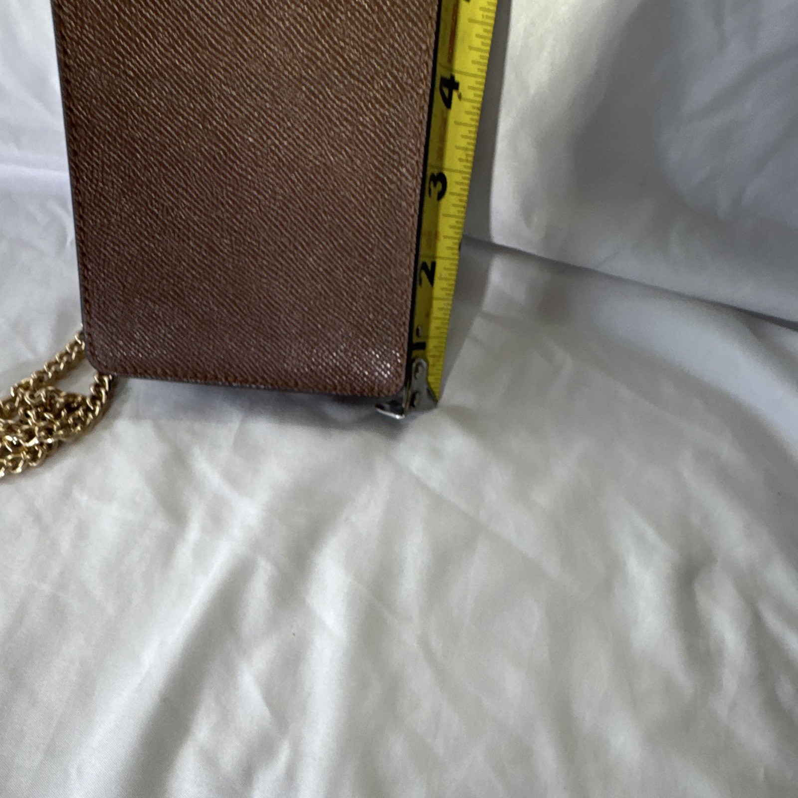 Coach Brown Crossbody Phone Bag, Snap Closure, Gold Chain Strap, Logo Accent