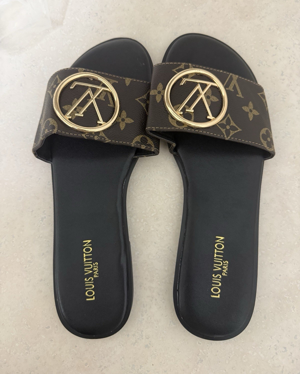 Louis Vuitton Women’s Brown Black Gold Monogram Logo Leather Slide Sandals EU 40