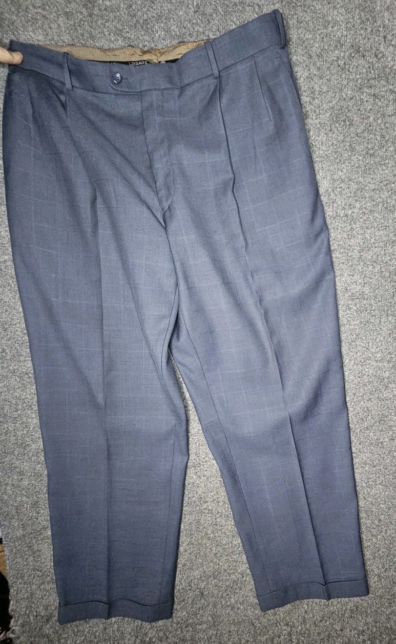 Lineage Men’s 2Pc Suit 46R Jacket 40W Pants Blue Windowpane Plaid Superior 150s
