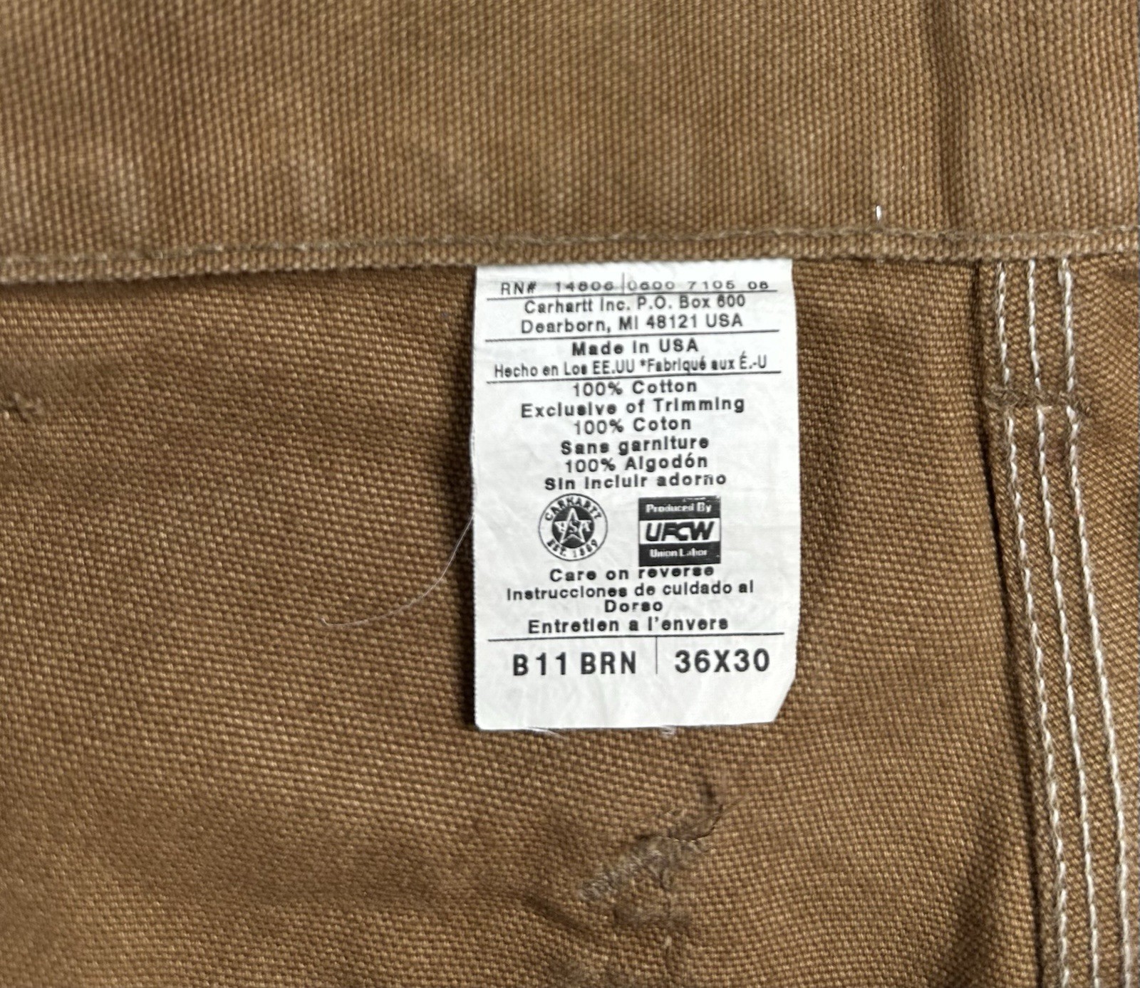 Carhartt Canvas Pants Sz 36×30 (Actual 34×29) B11 BRN Union Made In USA Workwear