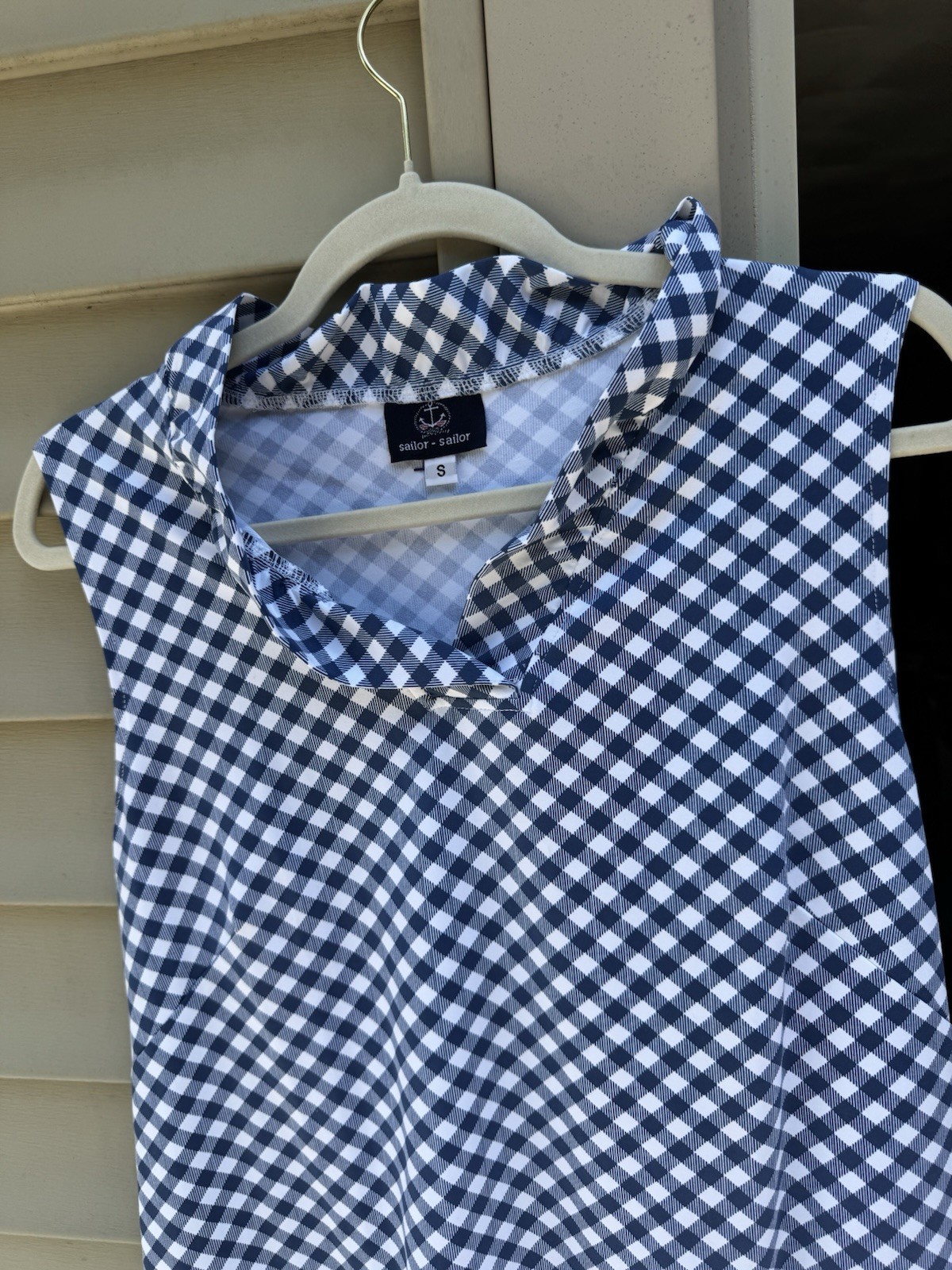 sailor-sailor Women’s S Blue/White Gingham Shift Dress V-Neck Knee Length