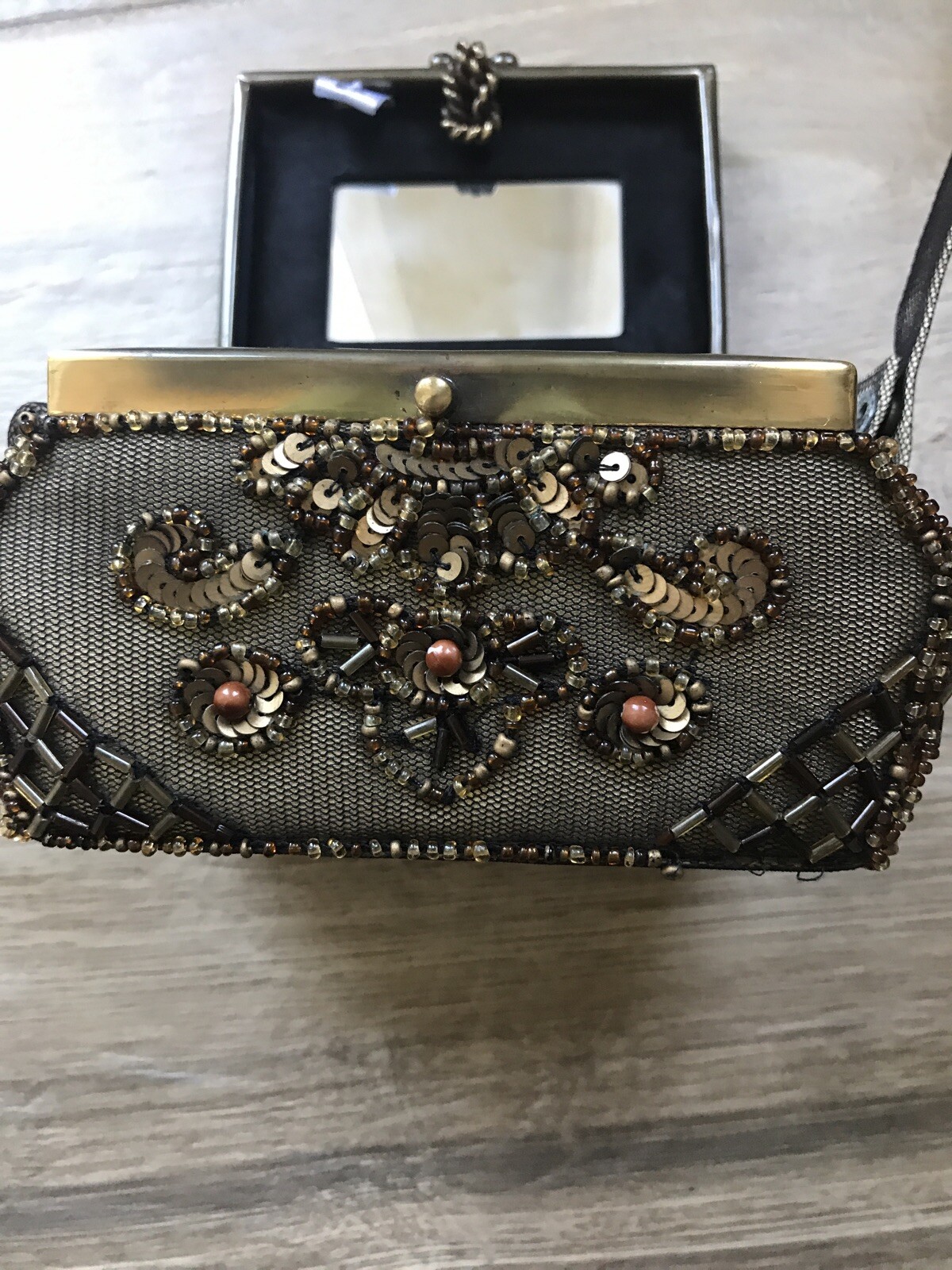 Indian Beaded Sequin Bronze Silk Wide Hipped Pouch Purse Elegant Evening