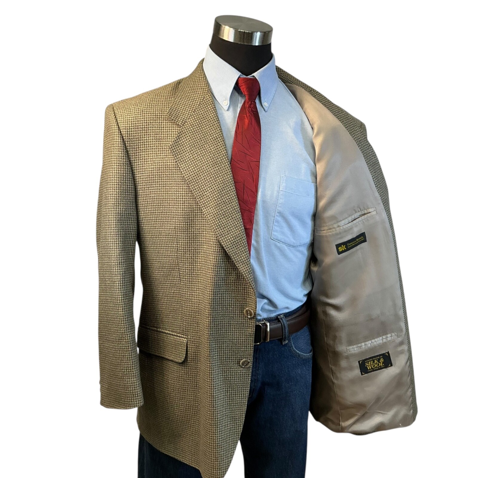 44R/46S Deansgate Houndstooth Green Beige Gray Blue Suit Jacket Sport Coat Blaze