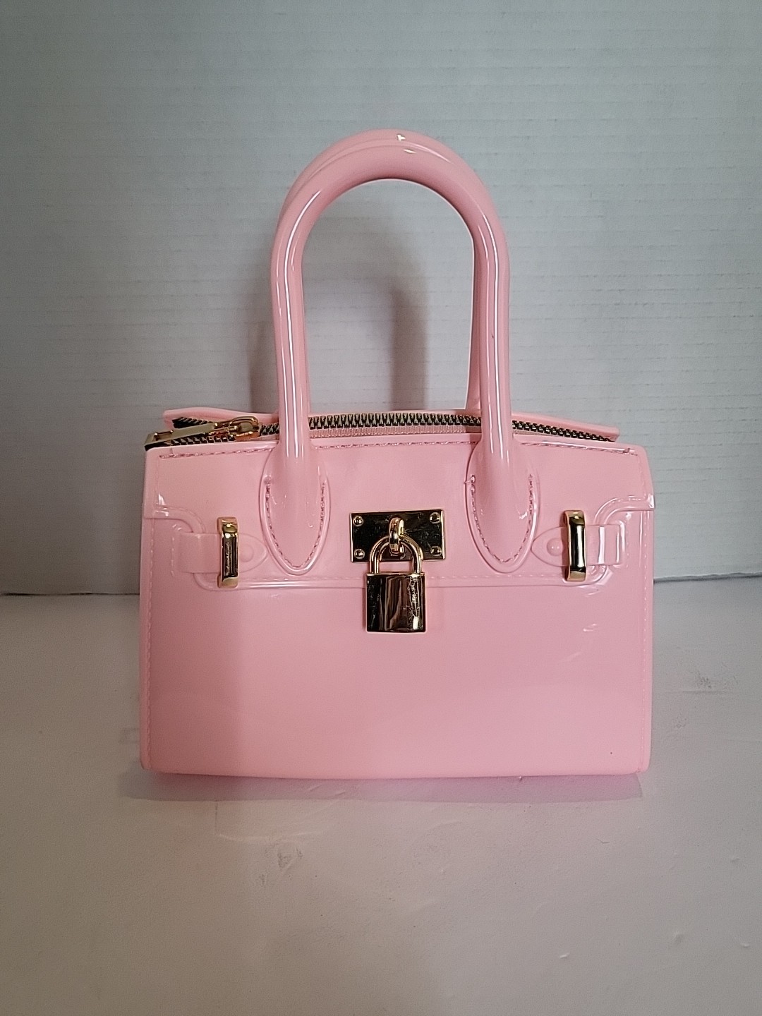 Baby Pink PVC Mini Satchel Top Double Handle Bag Gold Lock Accent Zip Closure