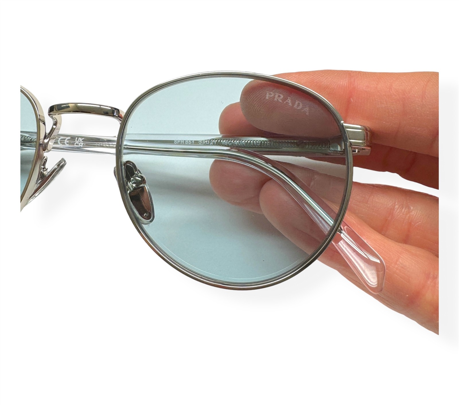Prada Sunglasses Shiny Acciaio Silver Light Blue Tinted SPR B51 1BC-40N w/case