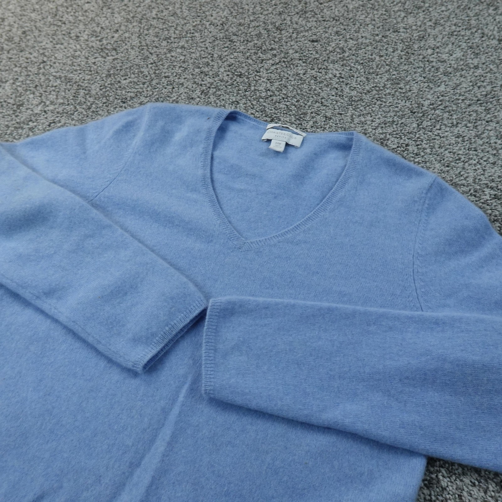 Charter Club Sweater Womens PM Blue Cashmere V Neck Pullover Knit Cozy Soft Warm
