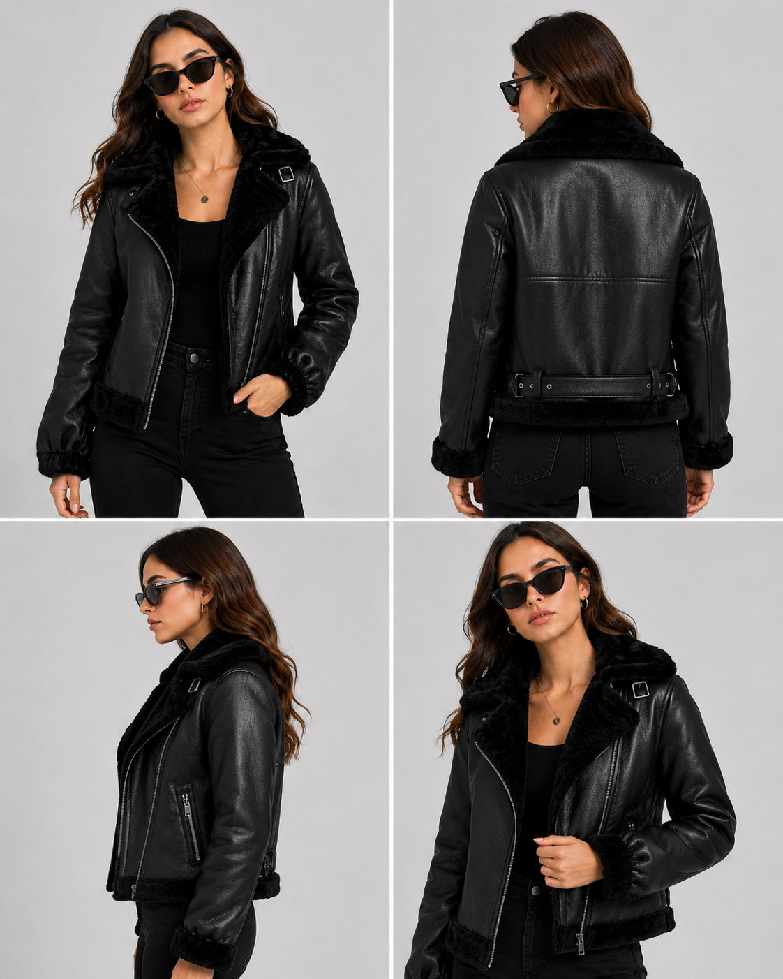 Women’s Black Faux Shearling Leather Jacket – Aviator Biker Winter Coat