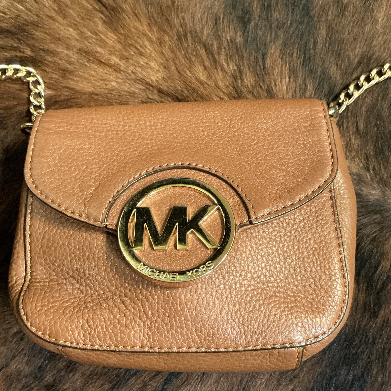 Michael Kors Brown Small Pebbled Crossbody Bag Gold Logo Chain Magnetic Closure