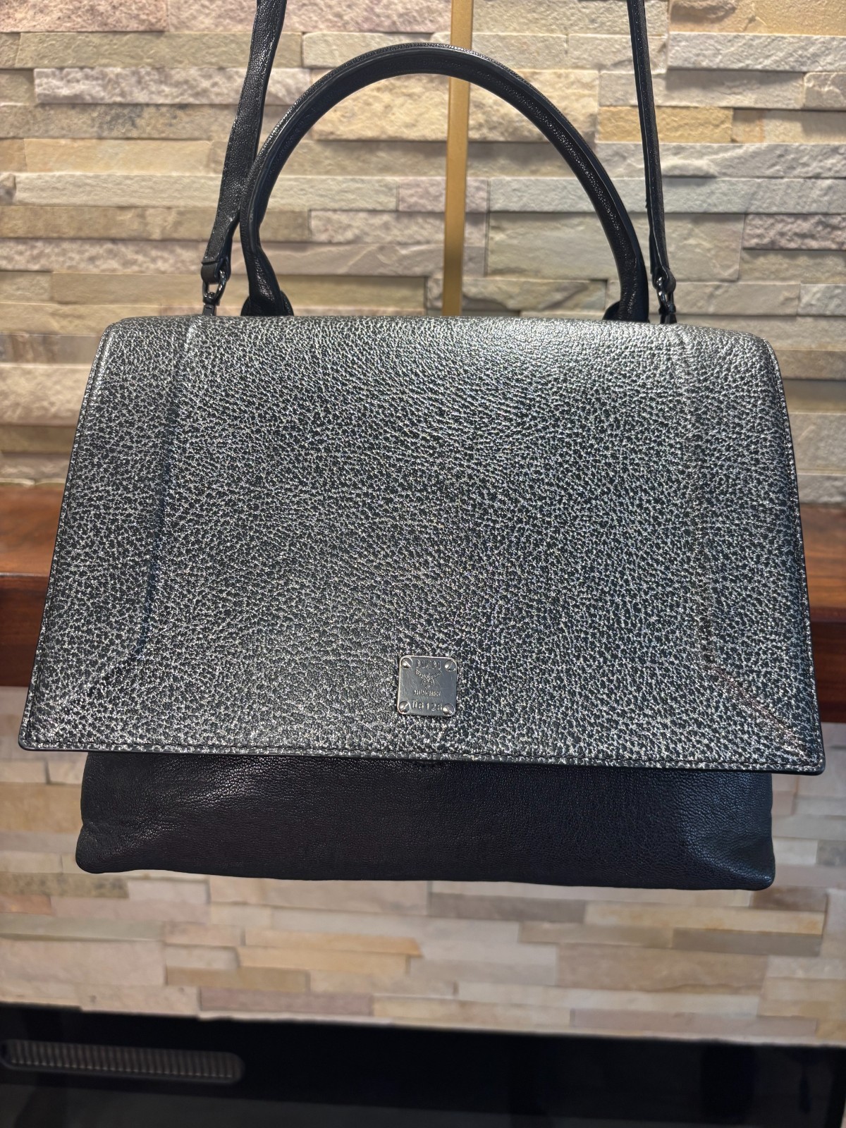 Authentic MCM Bicolor Medium Double Flap Top Handle Shoulder Bag Silver Black