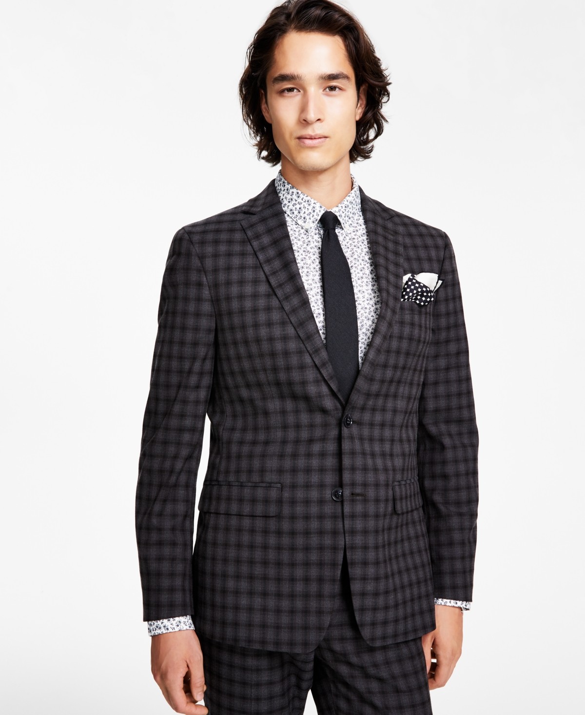 Bar III Mens Slim fit Suit Jacket Blazer 36 R Brown Black Plaid Stretch