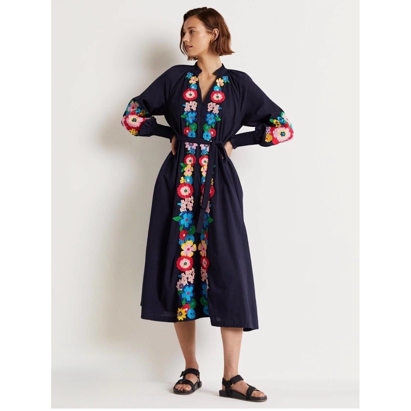Boden Embroidered Cotton Maxi Dress Sz 6 Navy D002
