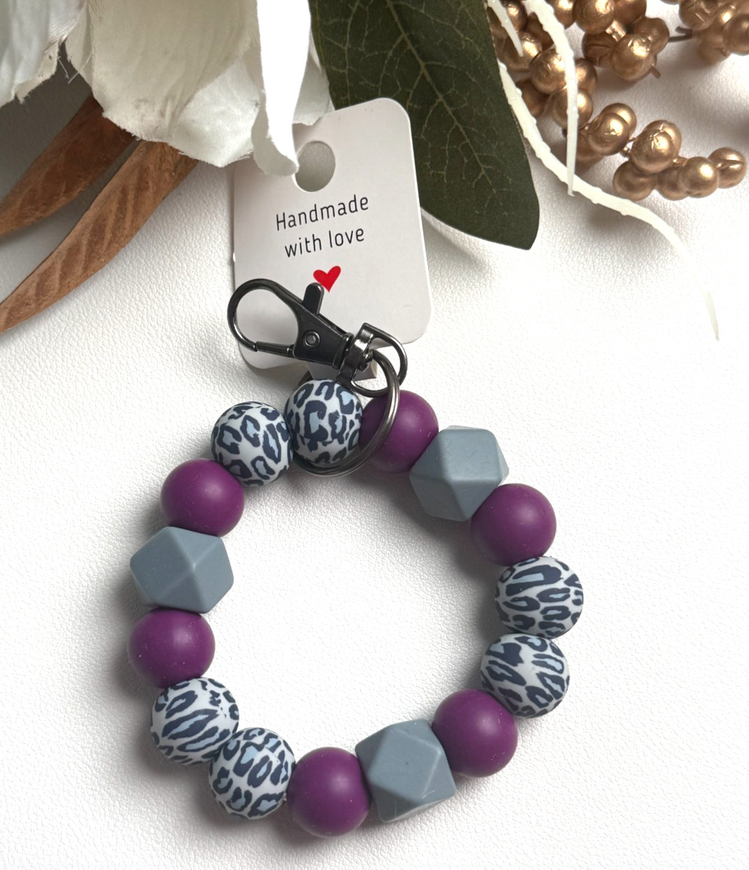 Silicone Beaded Keychain Wristlet Bracelet Purple Leopard