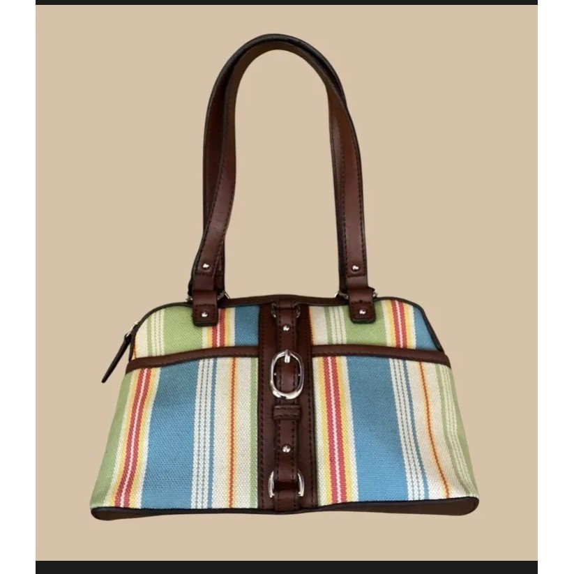 Etienne Aigner Striped Canvas Mini Bag Brown Trim Multi Color Buckle Detail
