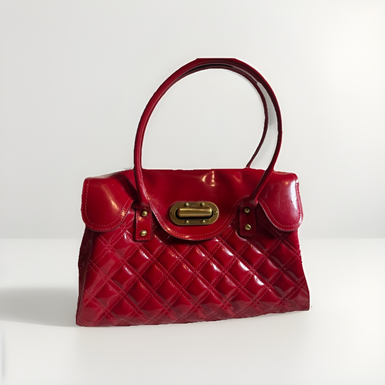 Tiffany & Fred Paris Red Quilted Satchel Top Handle Turn Lock Gold, Pouch