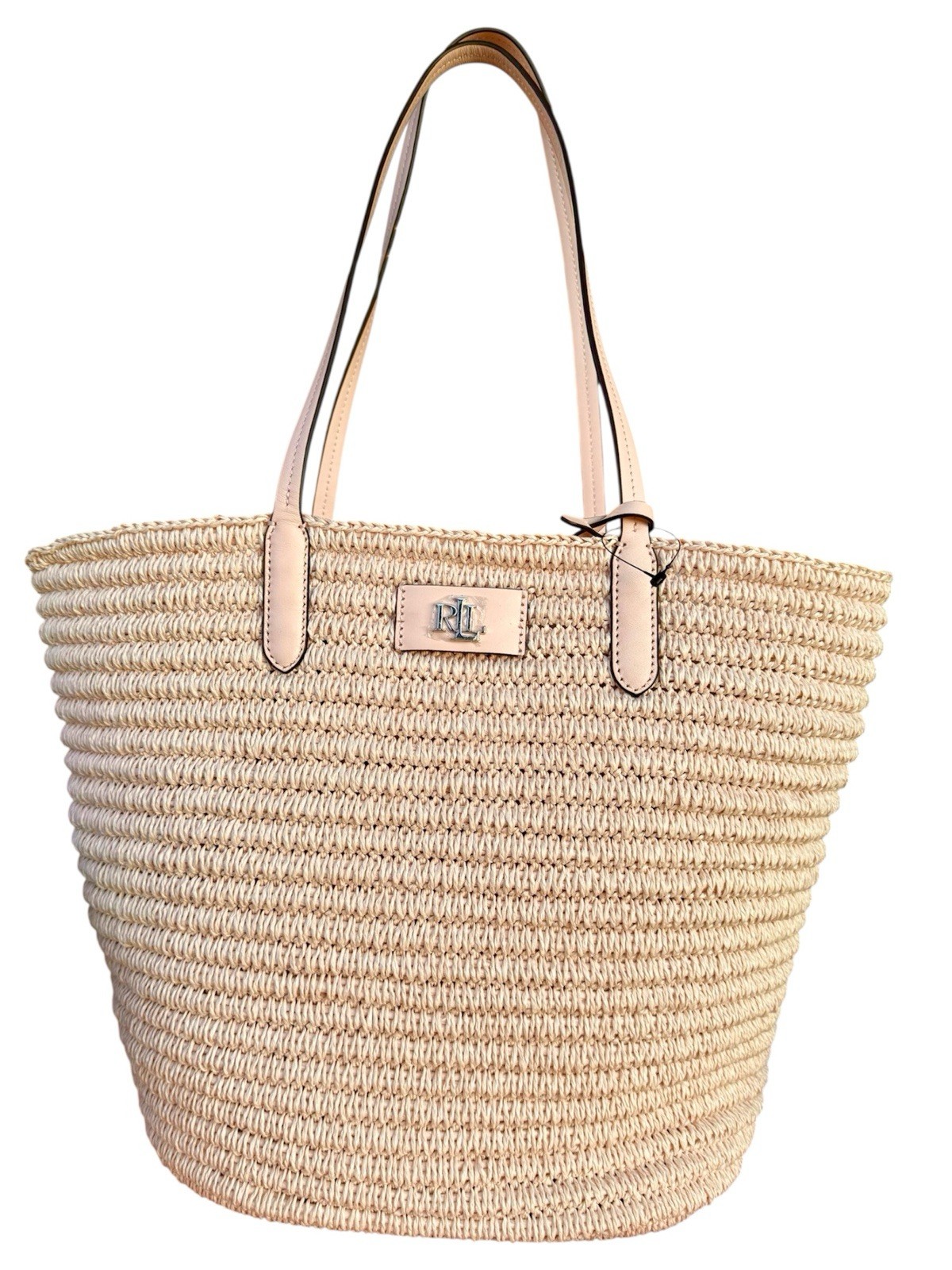 Lauren Ralph Lauren Pink Opal Leather Trim Straw Large Brie Tote Bag NWT $250